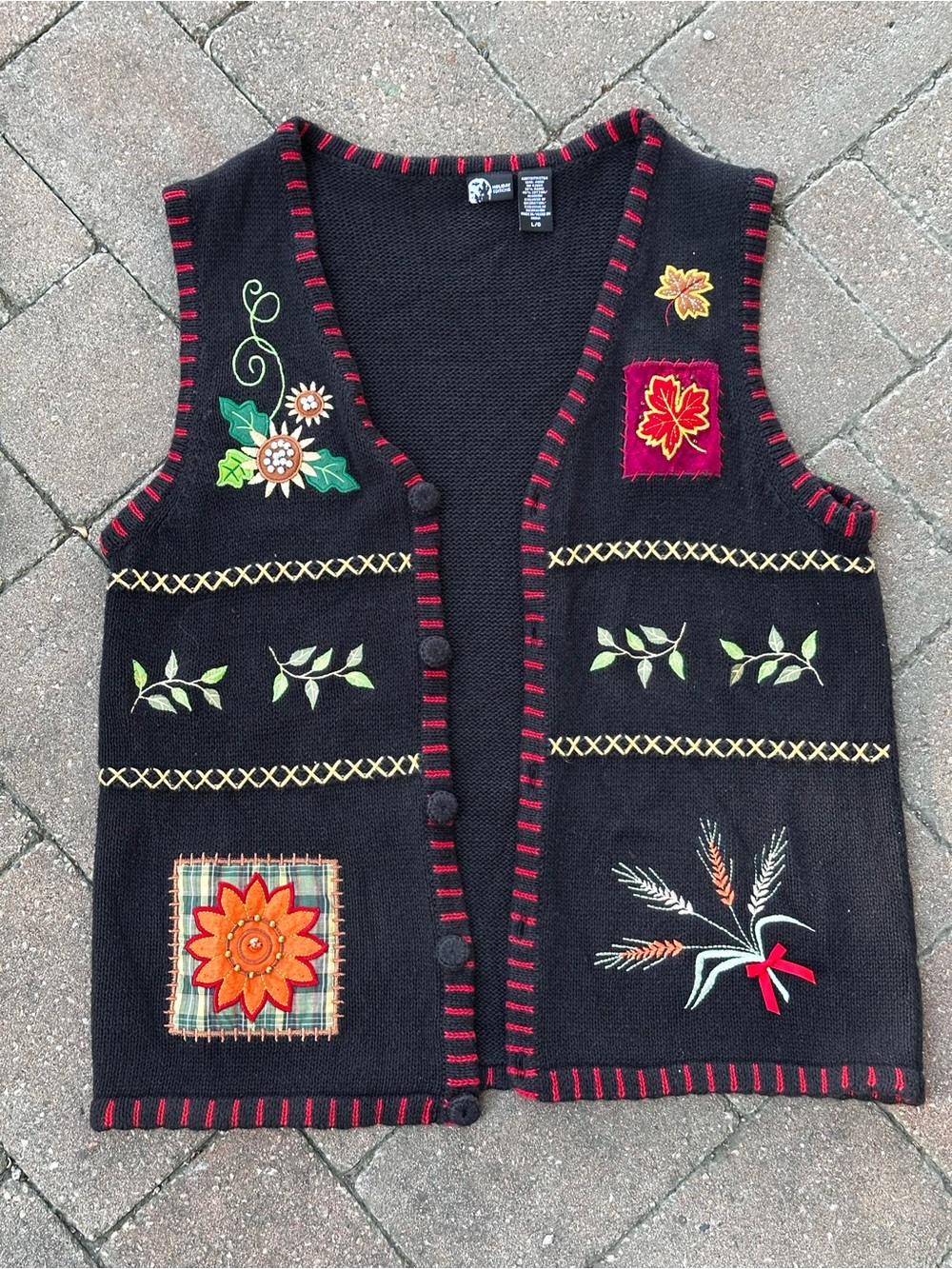 Holiday Editions Fall Autumn Floral Embroidered Sweater Vest Black Women's Large